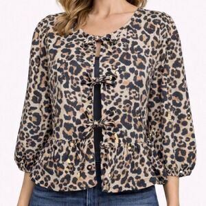 Sim Sam Animal Print Bow Peplum Ruffled Cotton Y2K Inspired Coquette Women S